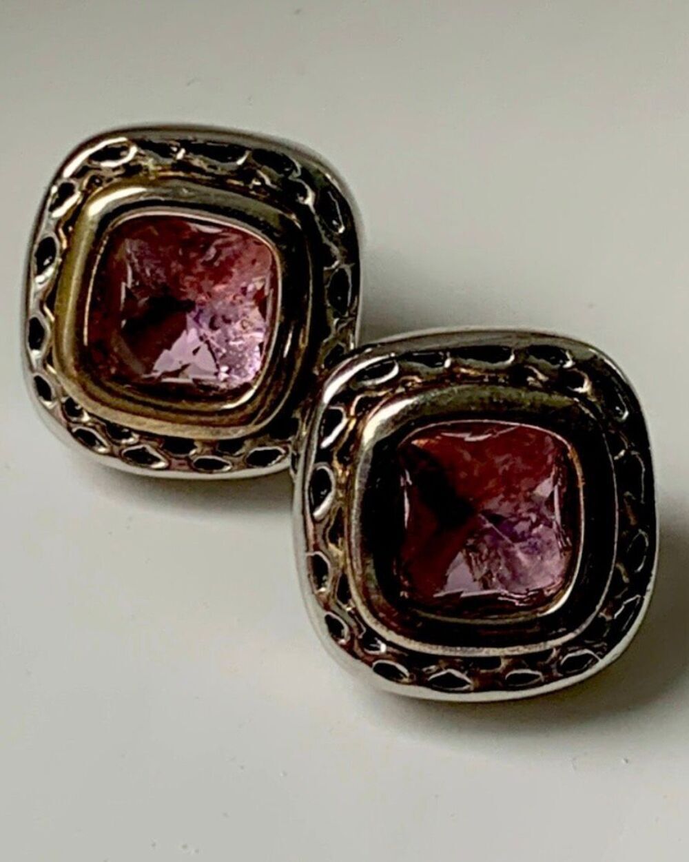 Balinese Style Chunky Pink Gemstone Studs - Faux Amethyst, Silver & Gold Tone